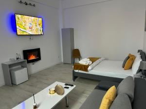 a living room with a bed and a fireplace at White House in Alexandria