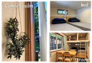duas fotos de uma pequena casa com uma cama e uma mesa em Work Shop Camp Resort Forest and Lake Paradise - Vacation STAY 85271v em Fujikawaguchiko