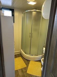a bathroom with a shower and a toilet at Splav Cilim House in Belgrade