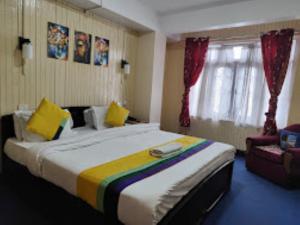 een slaapkamer met een groot bed en een stoel bij Hotel Aliment Darjeeling in Darjeeling