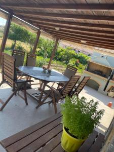 a table and chairs and a potted plant on a patio at MANOLIS COTTAGE THANOS in Thános