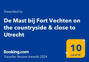 Certifikat, nagrada, logo ili neki drugi dokument izložen u objektu De Mast bij Fort Vechten on the countryside & close to Utrecht
