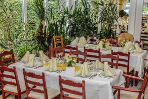 een eetkamer met witte tafels, stoelen en planten bij Hotel Diekgerdes Standard in Cloppenburg