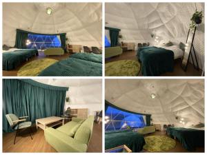 a collage of four pictures of a bedroom in a yurt at Inside the Lodge Aspen - Vacation STAY 42140v in Shimukappu