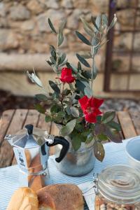 ヴェローナにあるCa' del Busoの赤い花とパンの花瓶を入れたテーブル