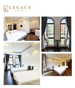 a collage of three pictures of a hotel room at Legacy Phú Quốc in Phu Quoc