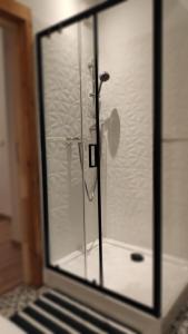 una ducha con puerta de cristal en un baño en Kukułka Wetlina, en Wetlina 25 fotos más