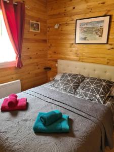 1 dormitorio con 1 cama con 2 almohadas en Chalet au coeur du parc du Morvan - Moux-en-Morvan, en Moux-en-Morvan