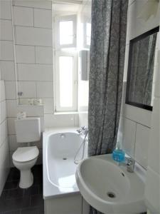 een witte badkamer met een toilet en een wastafel bij Apartment Essen-City in Essen