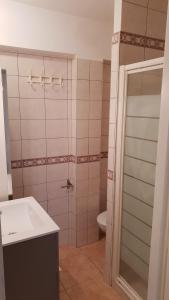 W łazience znajduje się prysznic, umywalka i toaleta. w obiekcie Grand studio 4 50m de la plage pour 4 w Argelès-sur-Mer