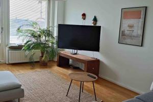 sala de estar con TV de pantalla plana sobre una mesa en Cozy completely renovated flat (sis. Alv), en Kajaani