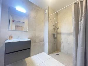 uma casa de banho com um chuveiro e um lavatório. em nuovo appartamento saint louis 68300 tra francia e svizzera em Saint-Louis