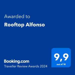 Certifikat, nagrada, logo ili neki drugi dokument izložen u objektu Rooftop Alfonso