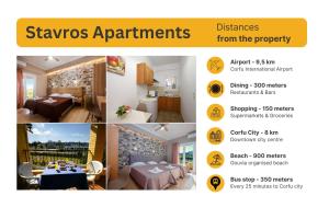 a collage of photos of a hotel room at Stavros Apartments Kontokali next to Gouvia Marina in Kontokali