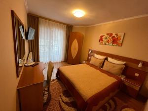 ein Hotelzimmer mit einem Bett und einem Schreibtisch in der Unterkunft Pensiunea Perla in Baile Felix