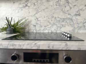 a kitchen counter with a counter top with a counter sidx sidx sidx at North Wales Eco Lodges in Ruthin
