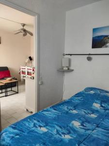 um quarto com uma cama com um edredão azul em Charmant appartement T2 avec Balcon em Saint-Cyprien