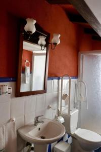 a bathroom with a sink and a toilet and a mirror at Casas Rurales Cortijo El Marqués in Quesada