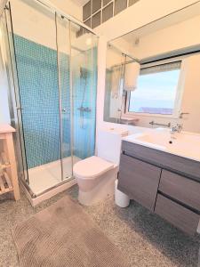 ein Bad mit einer Dusche, einem WC und einem Waschbecken in der Unterkunft Santa Cruz Ocean Apartment - II in Santa Cruz