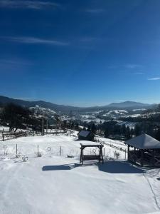 einen schneebedeckten Hügel mit Stadtblick in der Unterkunft Садиба у пані Марії in Worochta