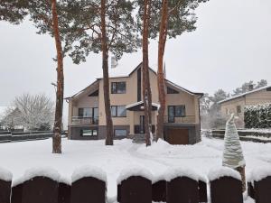 a house with a christmas tree in the snow at Dainavos apartamentai Druskininkai in Druskininkai