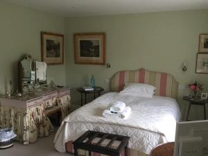 a bedroom with a bed with a dresser and a mirror at Clare Cottage in Sherborne