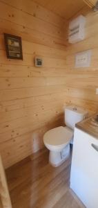 e bagno con servizi igienici su una parete in legno. di Chez Sylvie et Stéphane a Le Mans