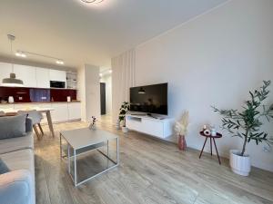 a living room with a couch and a tv at Apartament Marina Bay & SPA in Dziwnów