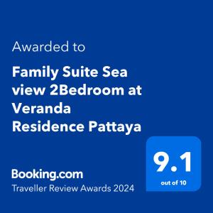 Family Suite Sea view 2Bedroom at Veranda Residence Pattaya في نا جومتين: لقطةشاشة هاتف مع النص اردت جناح عائلي مطل على البحر غرفة نوم