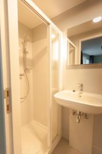 uma casa de banho branca com um lavatório e um chuveiro em Smartflats - Leuven em Lovaina
