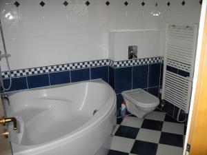a bathroom with a white tub and a toilet at Byt na půdě kousek od hradu in Prague