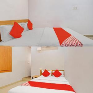 two pictures of a bed with red and white pillows at Hotel I Plaza in Tallākulam