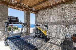 a gym with a treadmill in front of a stone wall at Aegean Stones in Agios Ioannis Mykonos