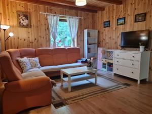 a living room with a couch and a tv at Ferienhaus "BASTEK2" am See mit Kamin & WLAN - Domek Letniskowy BASTEK in Pasym
