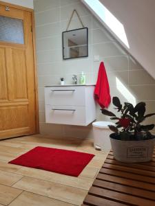 a bathroom with a sink and a red rug at Ferienhaus "BASTEK2" am See mit Kamin & WLAN - Domek Letniskowy BASTEK in Pasym