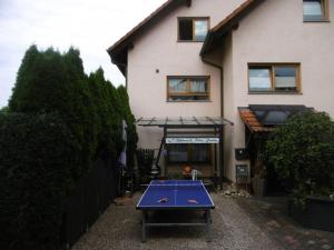 a blue ping pong table in front of a house at Mühlenwörth Relax Quartier in Tauberbischofsheim