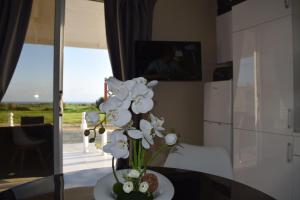 a vase of white flowers sitting on a table at MERSINERA Paradise Garden 2 in Larnaca