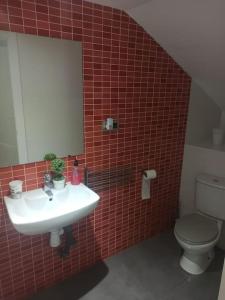W wyłożonej czerwonymi kafelkami łazience znajduje się umywalka i toaleta. w obiekcie Casa para relajarse, con vistas. w mieście Caravaca de la Cruz