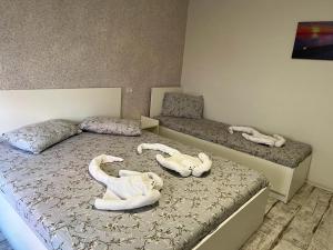 una camera con due letti con cigni fatti di asciugamani di Casa Ana a Constanţa