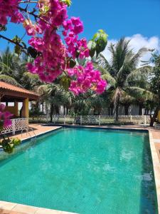 a swimming pool with a tree with pink flowers at Pousada Ykapê in Ilha Comprida
