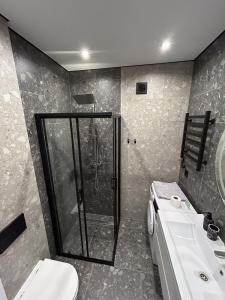 a bathroom with a shower and a toilet and a sink at Fancy appartment in Poltava