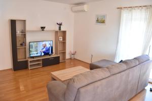 a living room with a couch and a television at Family house Branka with SPA pool in Peroj