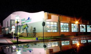 a building at night with a reflection in a puddle at SPA Apartment Parkowy in Chojnice