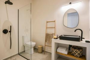 a bathroom with a shower and a toilet and a mirror at Mystique Lagoon Villa in Argostoli