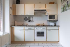 a small kitchen with white cabinets and a sink at LM7-8 - Ferienwohnung Typ B Komfort in Schottwarden