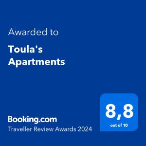 Сертификат, награда, вывеска или другой документ, выставленный в Toula's Apartments