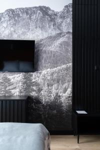 a bedroom with a wall mural of a mountain at Alpina Residence & Kameralne SPA in Bukowina Tatrzańska