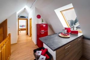 a kitchen with a red refrigerator in a room at Apartmán ve vile in Ostrava