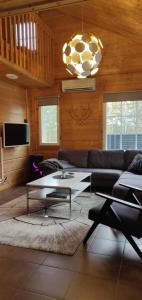 a living room with a couch and a coffee table at Himos Slalom 1, Poreallas kuuluu hintaan in Jämsä