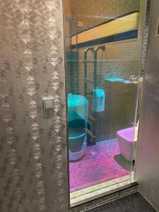 a bathroom with a pink and blue toilet in a stall at Diamond Capsule Hotel Amsterdam South in Amstelveen
